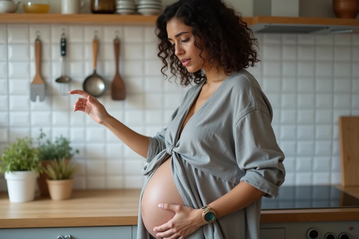 Femme enceinte examinant sa main gauche dans une cuisine, geste associé aux démangeaisons de la main pendant la grossesse