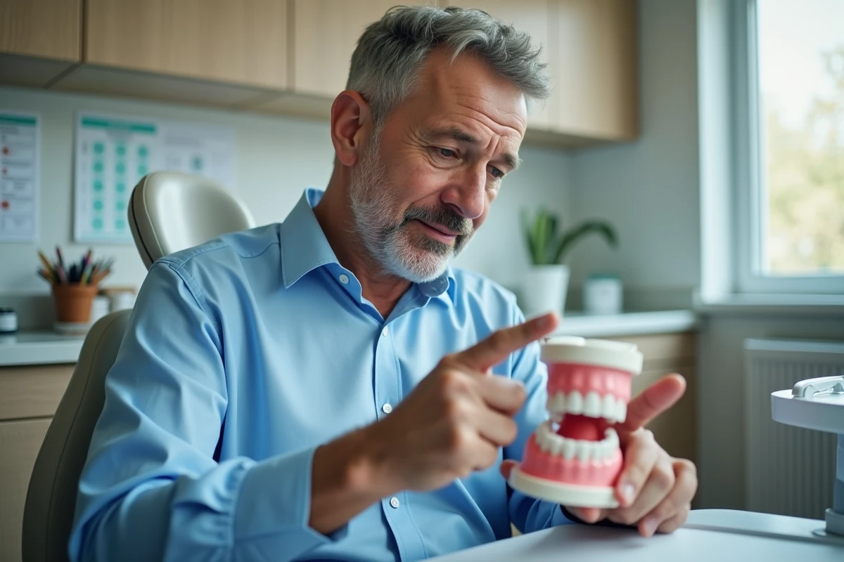 Dentiste examinant un mod&egrave;le de dents en cabinet