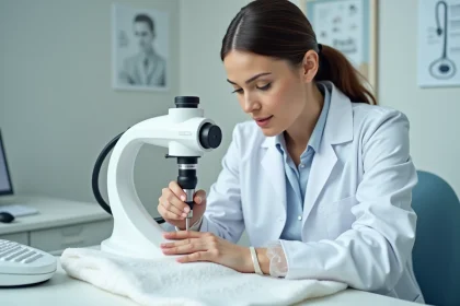 Dermatologue examinant la matrice de l'ongle d'un patient avec un dermatoscope en consultation médicale