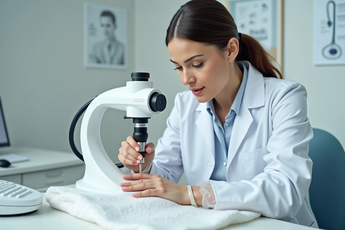 Dermatologue examinant la matrice de l'ongle d'un patient avec un dermatoscope en consultation médicale