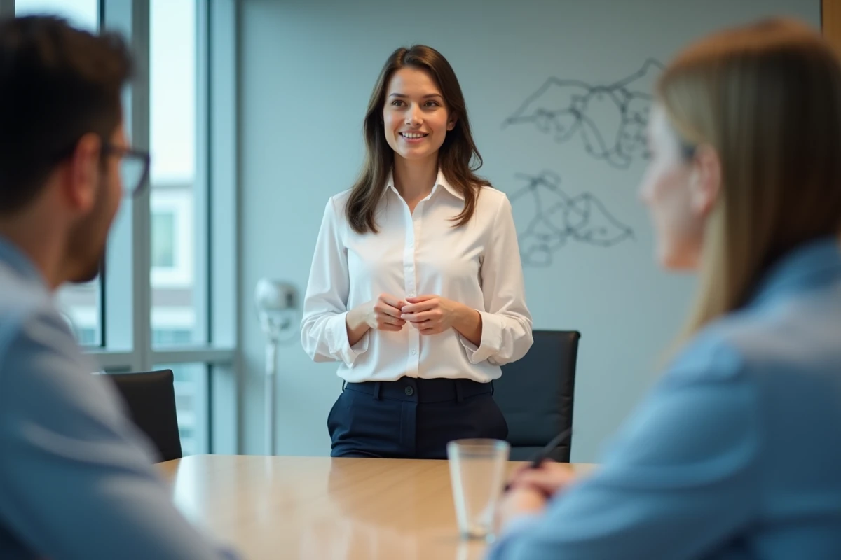 Jeune directrice d hopital en réunion avec collègues dans une salle moderne