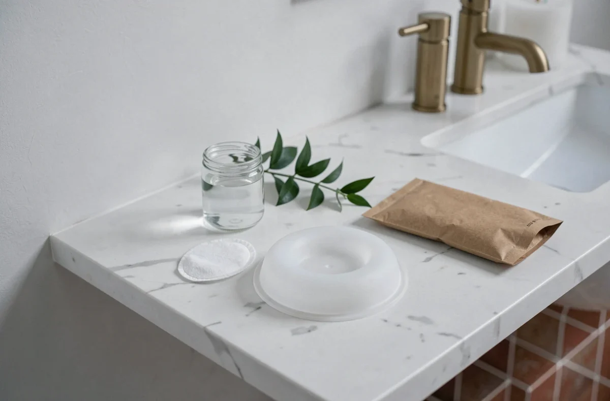 Disque menstruel réutilisable posé sur un comptoir en marbre blanc avec emballage kraft