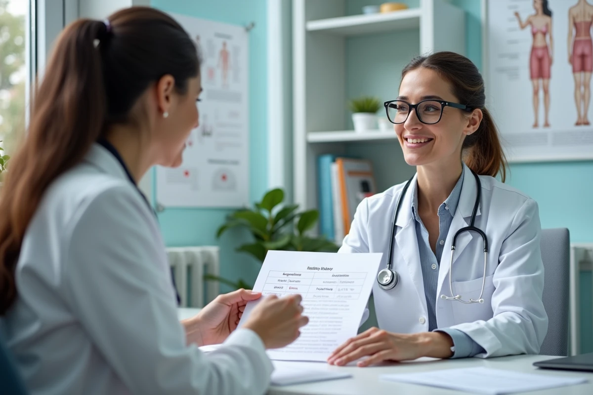 Docteur expliquant un graphique de tension &agrave; une patiente