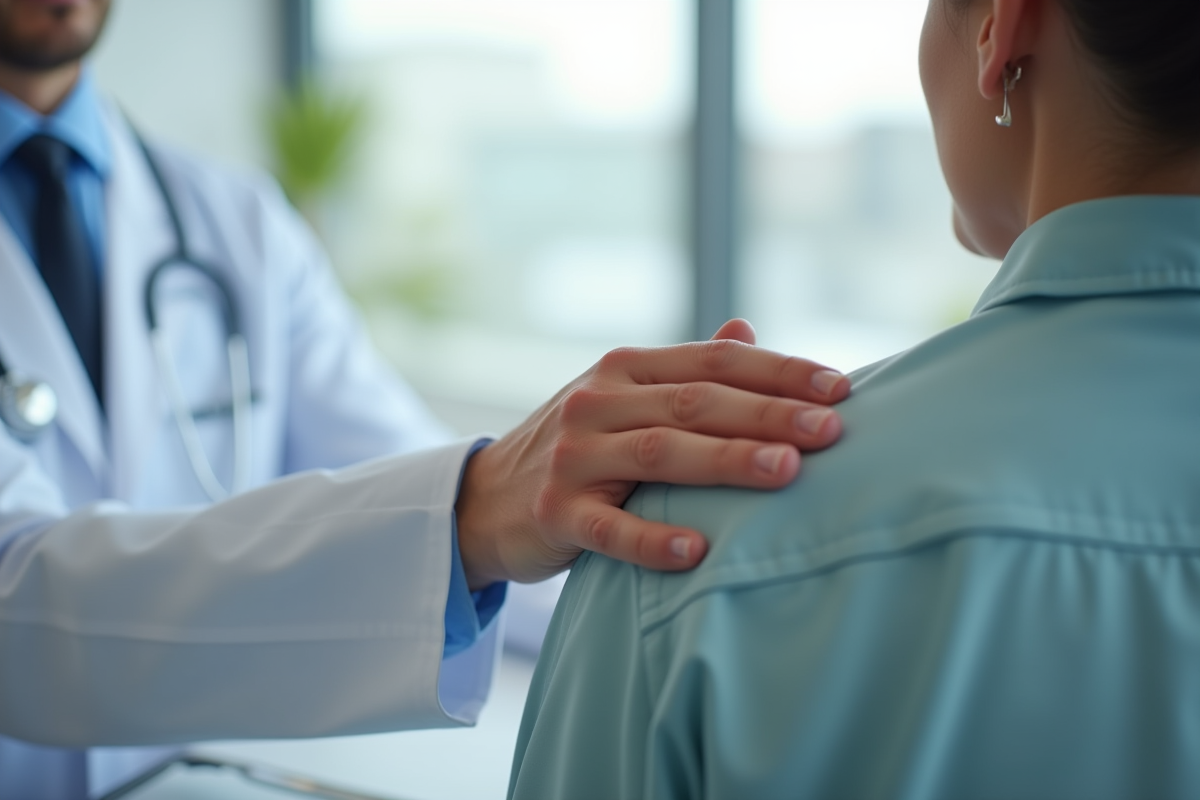 Docteur rassurant un patient dans une consultation moderne