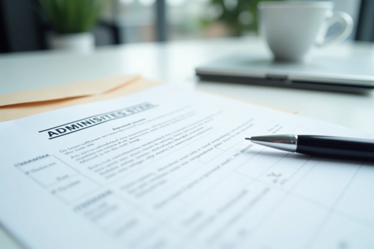 Documents administratifs organisés et enveloppe prête à envoyer sur un bureau, illustration d'un dossier Camueg bien préparé