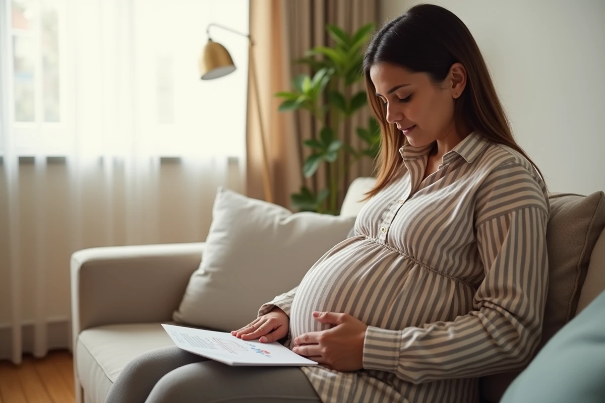 Femme enceinte gérant ses douleurs articulaires aux genoux à domicile en suivant les conseils de son rhumatologue