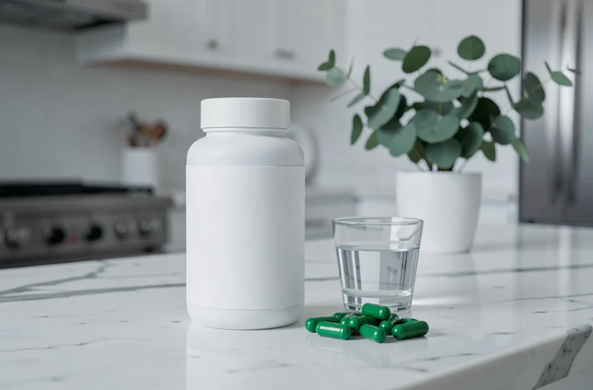 Flacon de complément alimentaire bio Dynveo posé sur un plan de travail en marbre avec gélules vertes et verre d'eau, évoquant une formulation haut de gamme et rigoureuse.