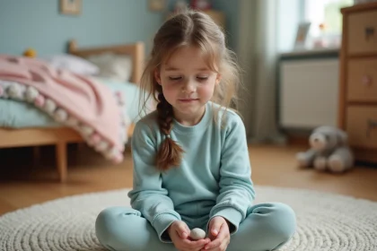 Petite fille tenant une worrying stone en pierre lisse entre ses doigts dans une chambre cosy en bois