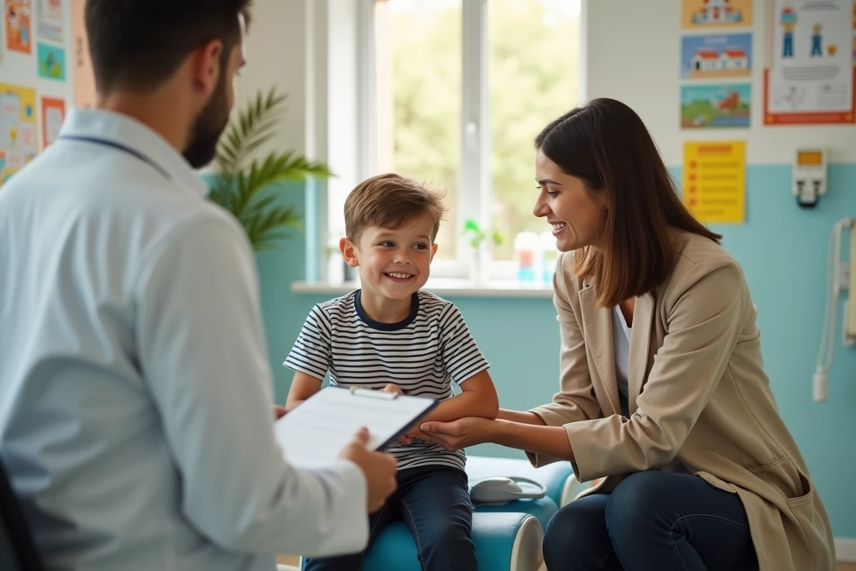 Mère et enfant en consultation pédiatrique discutant d'une radiographie avec un médecin dans un cabinet médical