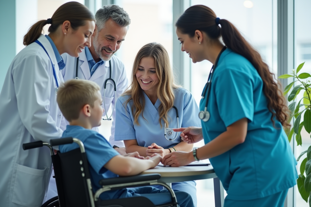Professionnels de santé et famille autour d un patient en fauteuil