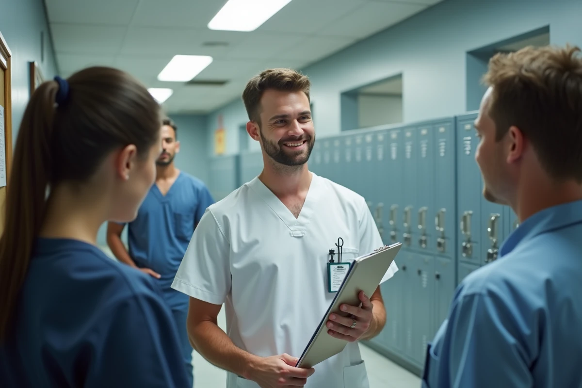 Jeunes infirmiers discutent dans un espace de repos