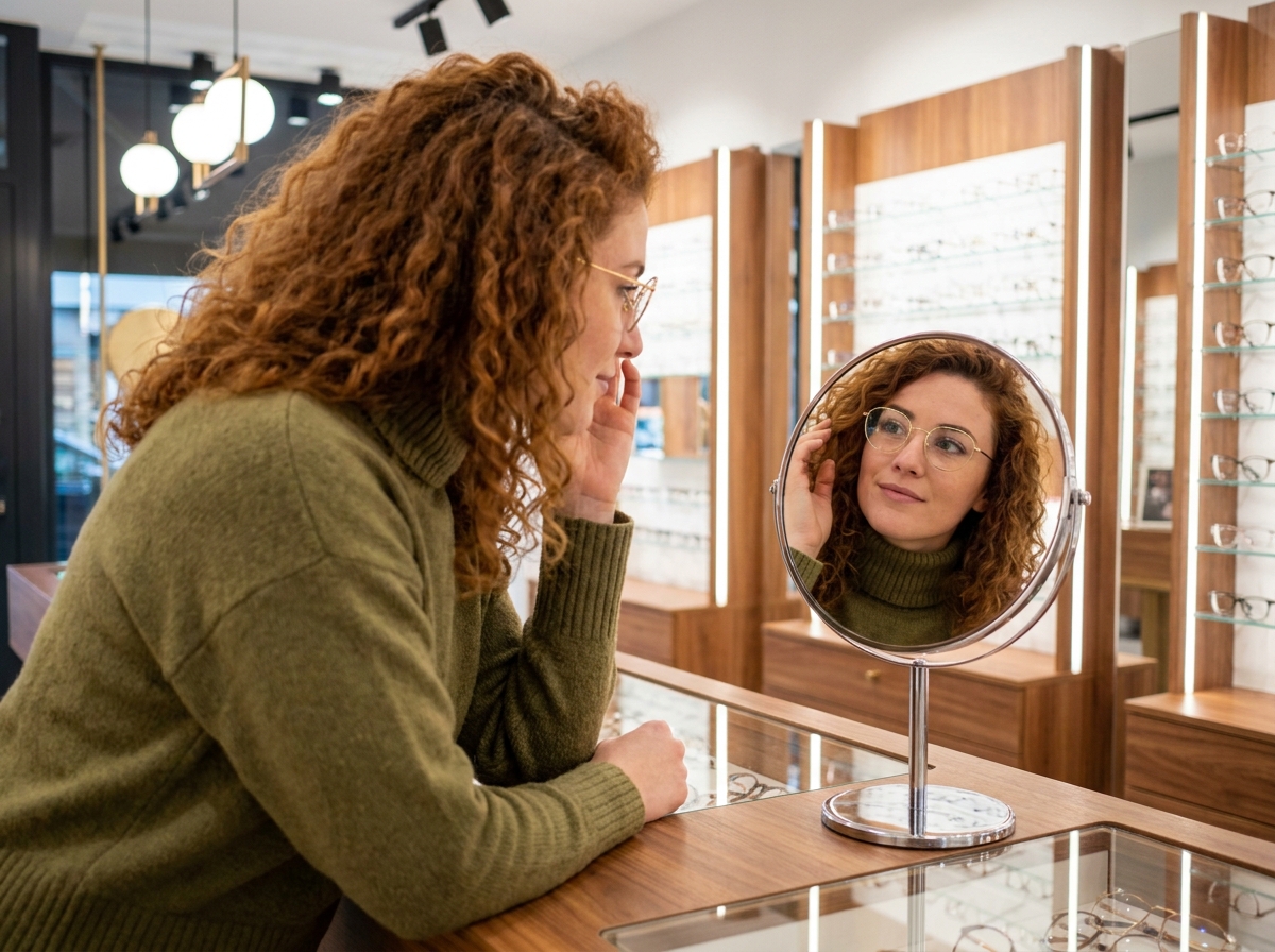 Jeune femme essayant des lunettes à monture fine devant un miroir dans une boutique d'optique moderne