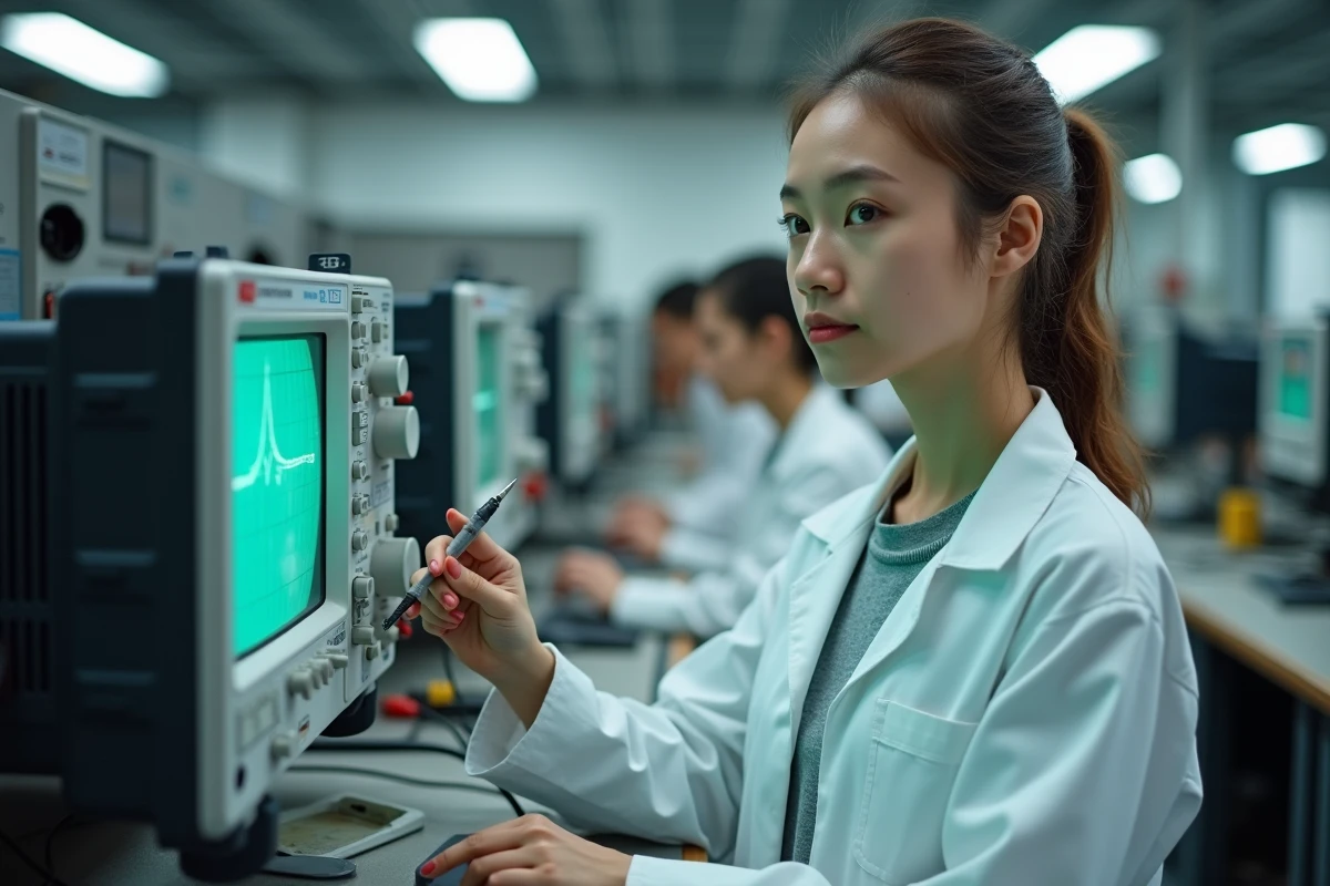 Étudiante en électronique analysant une forme d'onde sur oscilloscope dans un laboratoire universitaire pour mesurer la tension