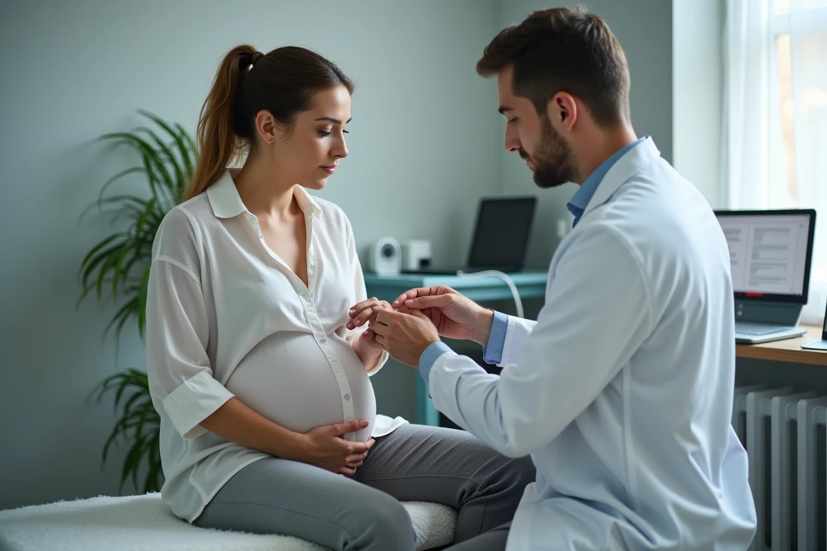 Examen des articulations des mains d'une femme enceinte par un rhumatologue spécialisé à Béziers