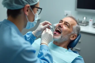 Examen clinique de la langue par un dentiste lors d'un dépistage du cancer buccal