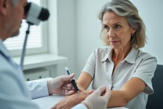 Dermatologue examinant une tache suspecte sur le bras d'une femme d'âge mûr avec un dermatoscope lors d'une consultation médicale