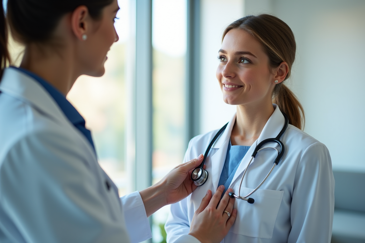 Docteur posant un stethoscope sur une jeune femme lors d un bilan
