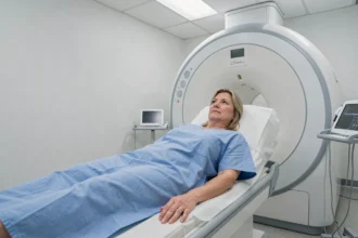 Femme en blouse d'hôpital allongée sur la table d'un scanner lors d'un examen pour diverticulite