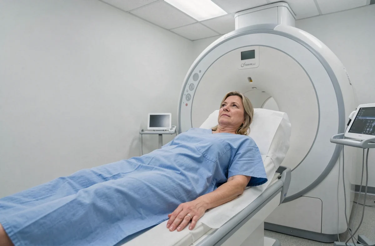 Femme en blouse d'hôpital allongée sur la table d'un scanner lors d'un examen pour diverticulite