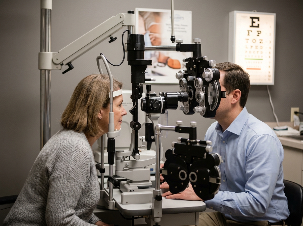 Examen de la vue chez un opticien avec phoropter et lampe à fente en cabinet d'optométrie