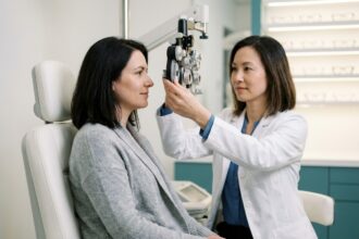 Femme de 40 ans lors d'un examen de vue chez l'opticien avec un optométriste utilisant un phoroptère dans une clinique moderne