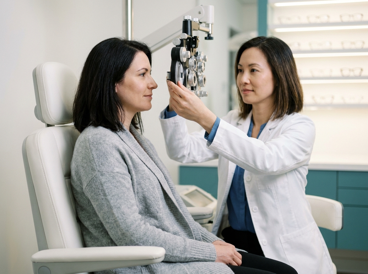 Femme de 40 ans lors d'un examen de vue chez l'opticien avec un optométriste utilisant un phoroptère dans une clinique moderne