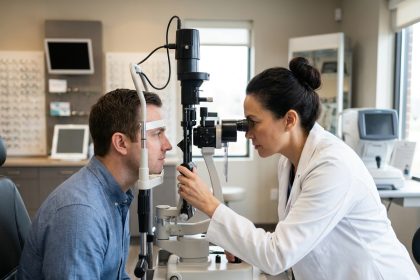 Opticienne examinant les yeux d'un patient avec un biomicroscope à lampe à fente dans un cabinet d'optométrie moderne