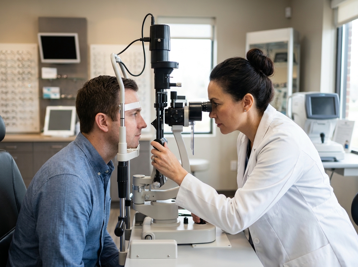 Opticienne examinant les yeux d'un patient avec un biomicroscope à lampe à fente dans un cabinet d'optométrie moderne