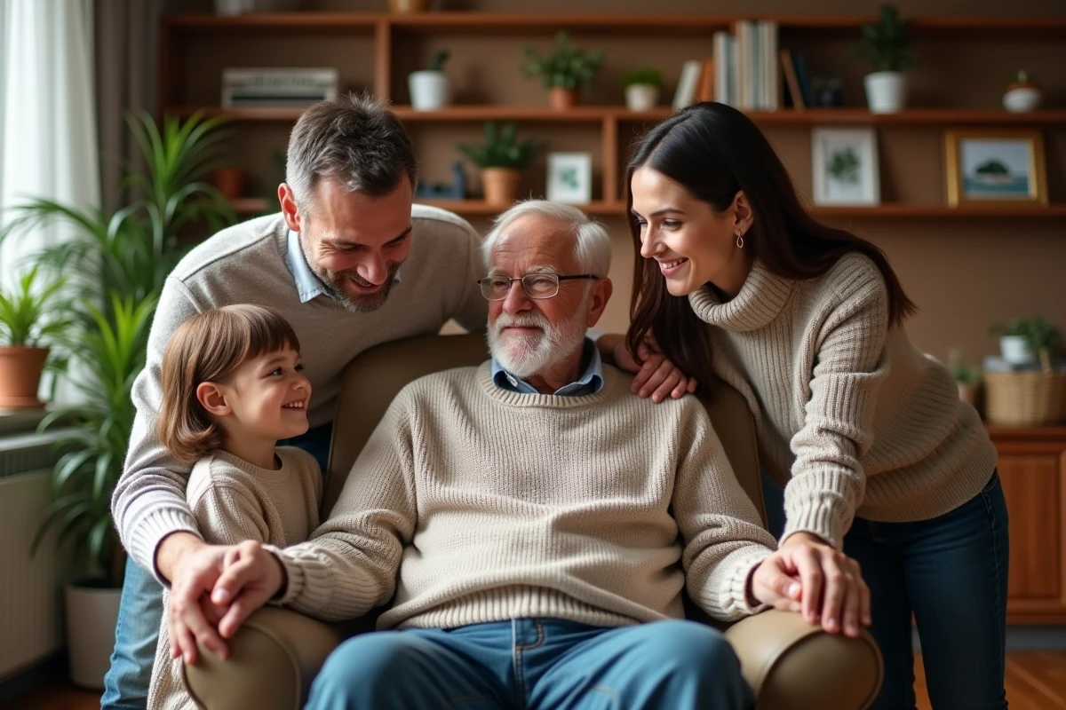 Famille réunie dans un salon chaleureux et convivial