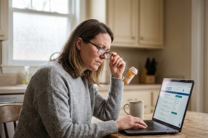 Femme consultant un site de pharmacie en ligne sur un ordinateur portable dans sa cuisine, tenant une ordonnance médicale