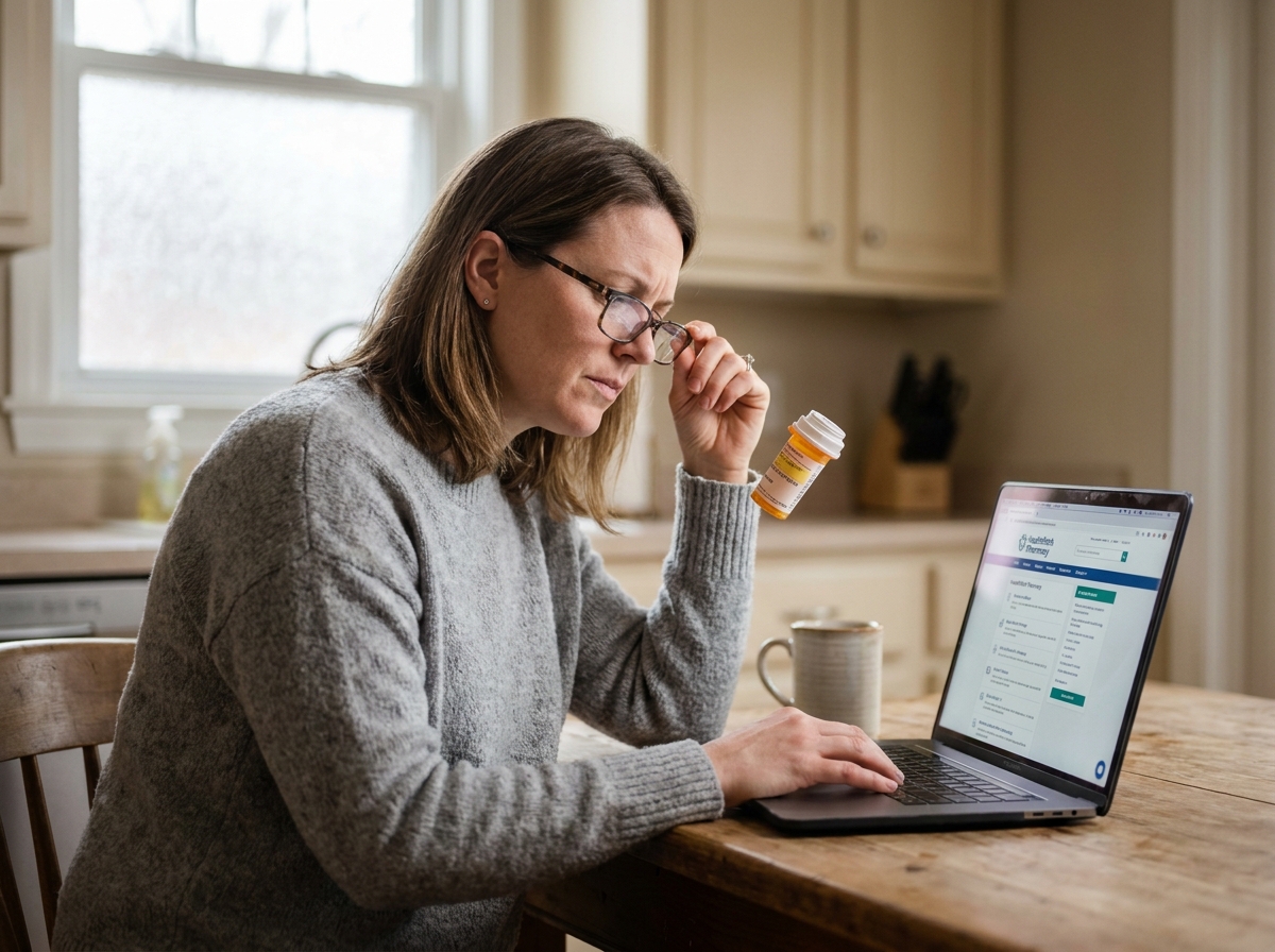Femme consultant un site de pharmacie en ligne sur un ordinateur portable dans sa cuisine, tenant une ordonnance médicale