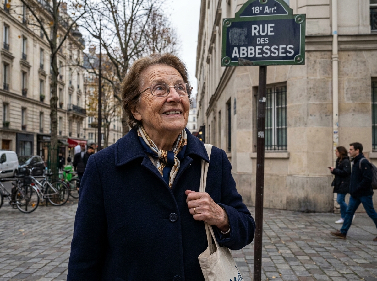 Femme âgée portant des lunettes de vue lisant un panneau de rue en ville après un contrôle de vue, expression de satisfaction