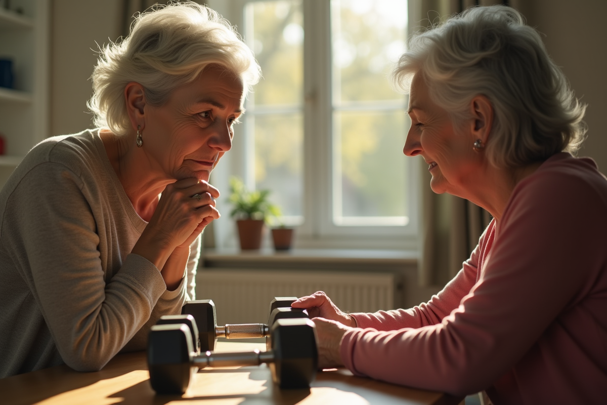 Femme âgée regardant des haltères à la maison en lumière naturelle