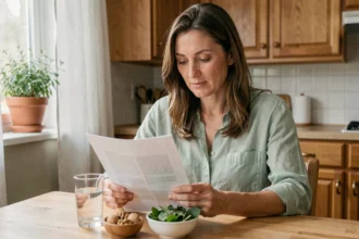 Femme de 45 ans consultant ses résultats d'analyse médicale avec des aliments sains pour réduire les transaminases SGOT élevées