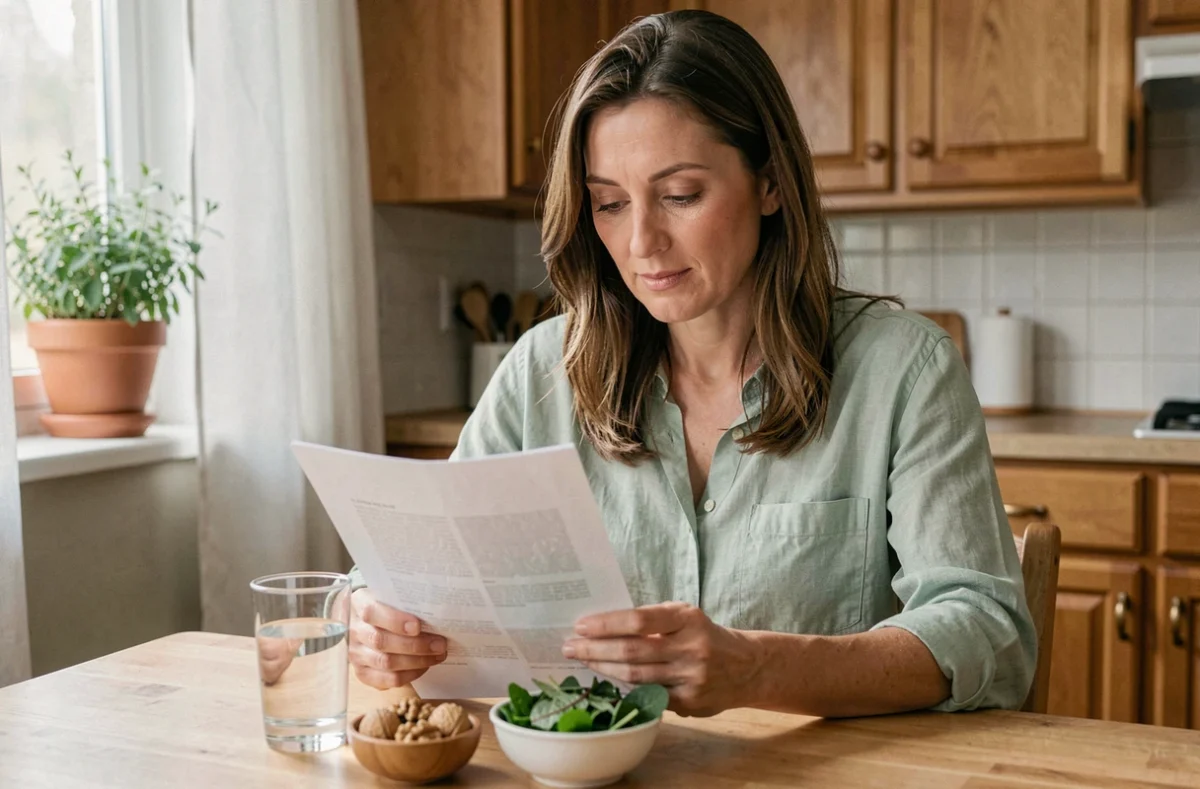Femme de 45 ans consultant ses résultats d'analyse médicale avec des aliments sains pour réduire les transaminases SGOT élevées