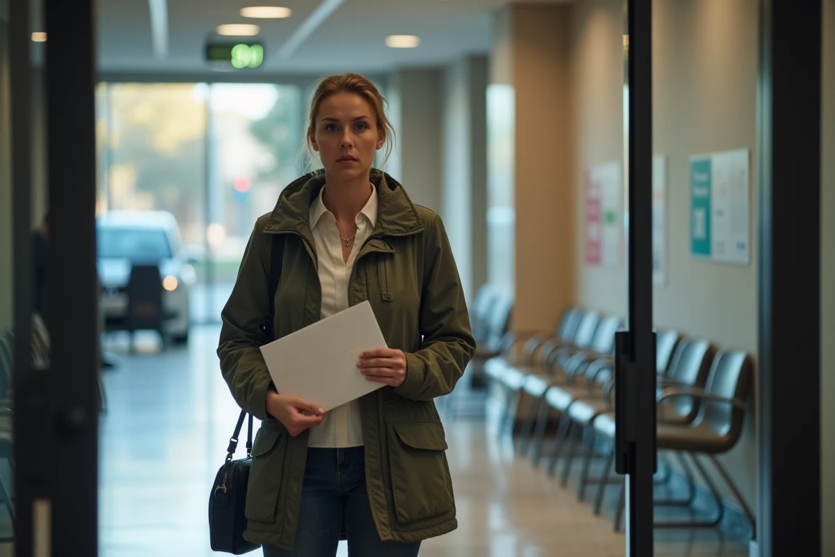 Femme tenant une enveloppe devant un bureau administratif fran&ccedil;ais