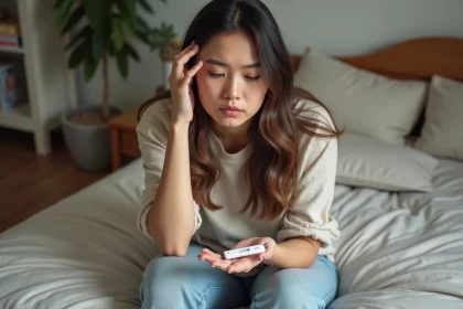 Femme pensive tenant un test de grossesse n&eacute;gatif dans la main