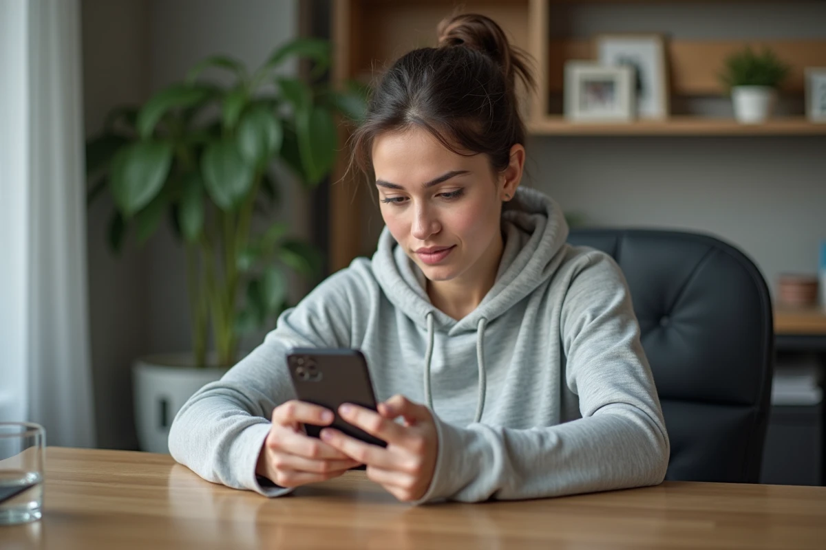 Femme consultant les avis d'un programme fitness sur son smartphone à son bureau