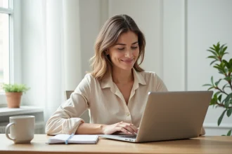 Femme consultant un blog bien-être sur un ordinateur portable dans un bureau minimaliste style scandinave