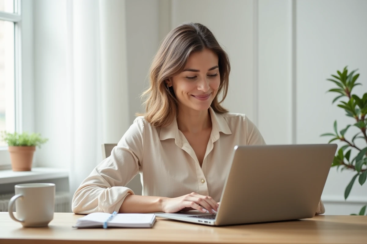 Femme consultant un blog bien-être sur un ordinateur portable dans un bureau minimaliste style scandinave