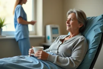 Femme en cours de chimiothérapie assise dans un fauteuil médical, tenant une tasse de thé, expression sereine dans une unité oncologique moderne