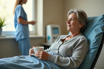 Femme en cours de chimiothérapie assise dans un fauteuil médical, tenant une tasse de thé, expression sereine dans une unité oncologique moderne