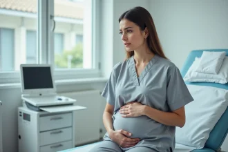 Femme assise sur une table d'examen gynécologique tenant son ventre, illustrant les symptômes d'un kyste aux ovaires
