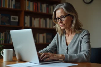 Femme consultant des résultats d'imagerie médicale en ligne sur un ordinateur portable à son bureau à domicile