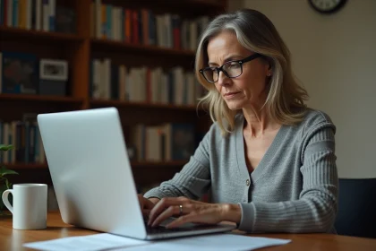 Femme consultant des résultats d'imagerie médicale en ligne sur un ordinateur portable à son bureau à domicile