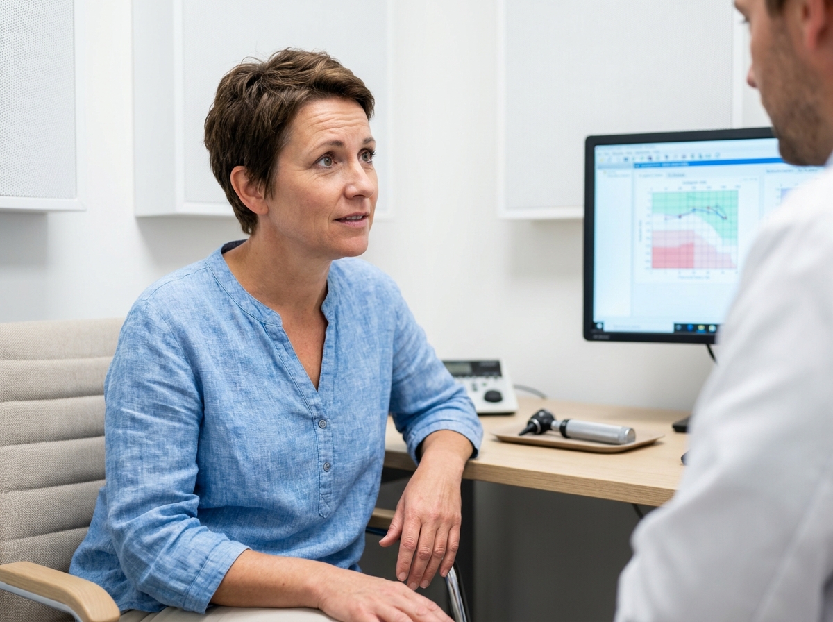 Femme consultant un audiologiste dans un cabinet médical moderne, examen auditif précoce