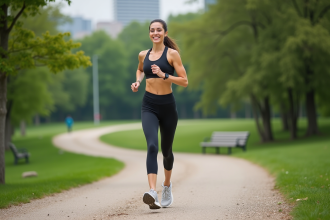 Femme sportive courant dans un parc verdoyant