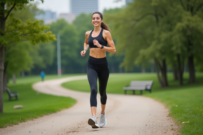 Femme sportive courant dans un parc verdoyant