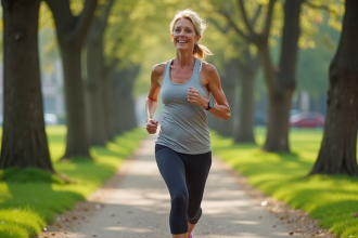 Femme d'âge moyen courant dans un parc urbain verdoyant