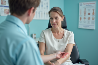 Femme d'âge moyen montrant des plaques rouges sur le bras